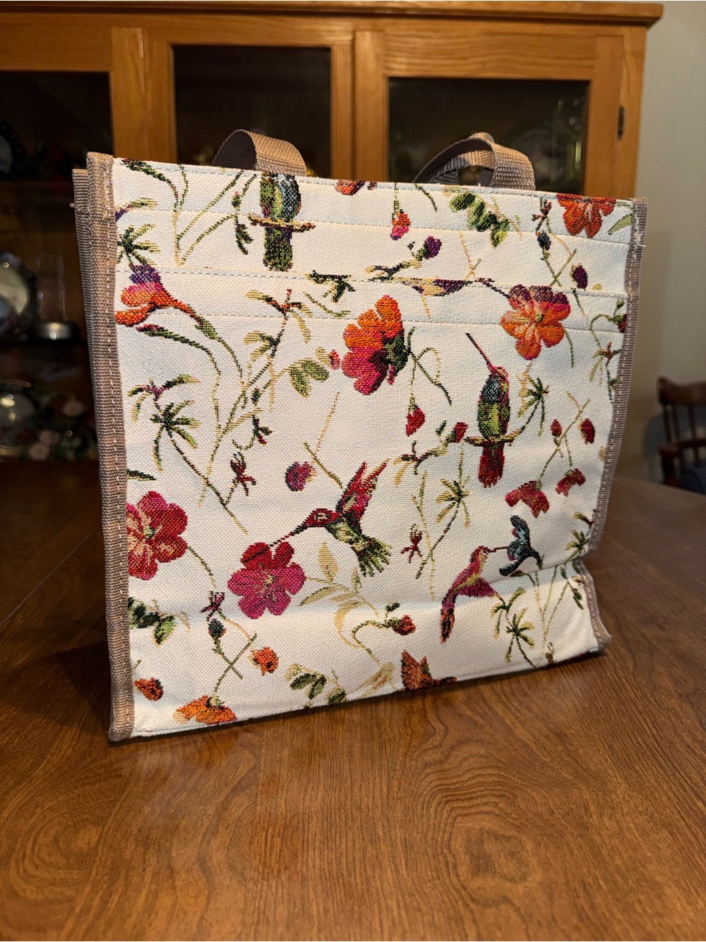 Floral Hummingbird Canvas Tote Bag - White with Multicolor Print